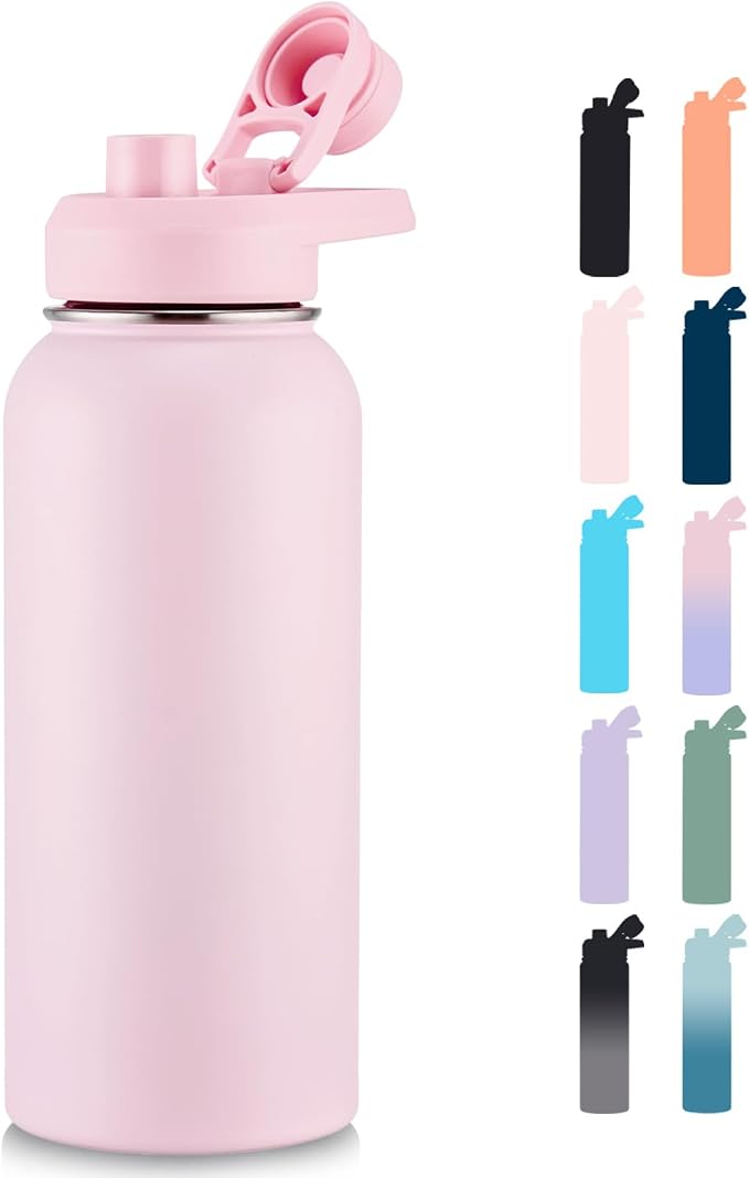 Fijinhom Insulated Water Bottle with Handle, 304 Stainless Steel Water Bottles with Wide Mouth, Double Wall Vacuum Sports Water Bottle, BPA Free, Keep Cold and Hot, 32 Ounces Pink
