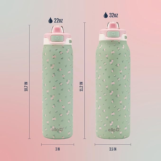 Ello Pop & Fill Insulated Stainless Steel Water Bottle with Quick Fill Lid, Leakproof Locking, Sip or Chug Spout, BPA-Free, Double Wall Vacuum Insulated for Sports, Travel & School- 22oz / 32oz / 40oz