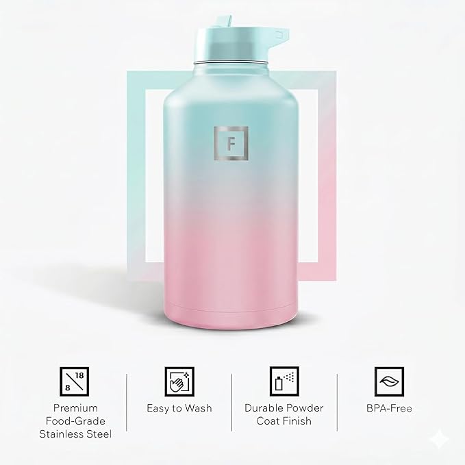 IRON °FLASK 64 oz Wide Mouth Water Bottle with Straw | Insulated Half Gallon Water Bottle with Leakproof Straw Lid - BPA Free, Cold 24 Hrs, Sweat Free (Bubble Gum)