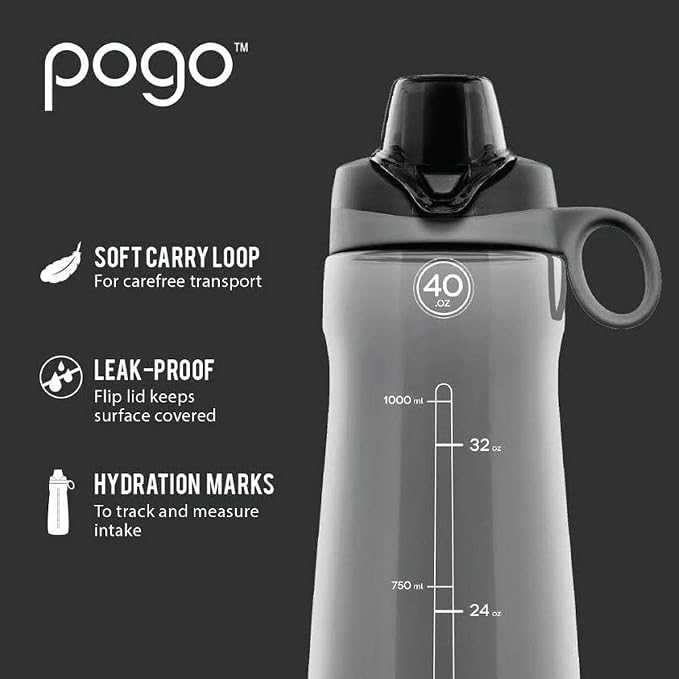 Pogo BPA-Free Plastic Water Bottle with Chug Lid, 40 Oz, Blue | Leakproof water bottle with chug lid and carry handle. BPA-free, great for travel, school, outdoors, and gym.