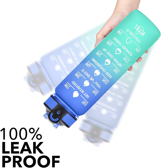 Hyeta Water Bottle with Straw & Time Marker, Plastic 32oz Leakproof | Motivational Tritan BPA Free Gym Office Outdoor Intake Tracker Hourly Reminder Straw Lid Carry Strap