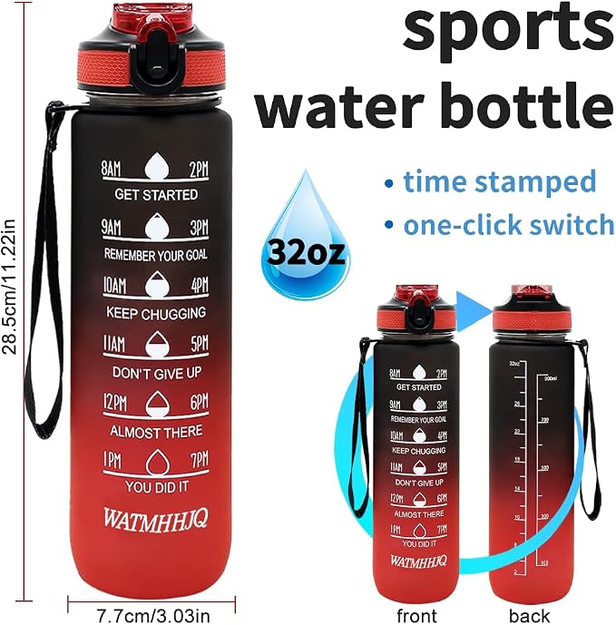 32oz Sports Water Bottle Outdoor, with Drinking Time and Capacity Labels, Sport Water Cups with Straw,BPA Free Leak Proof,for Fitness Gym Running Climbing (Black red)
