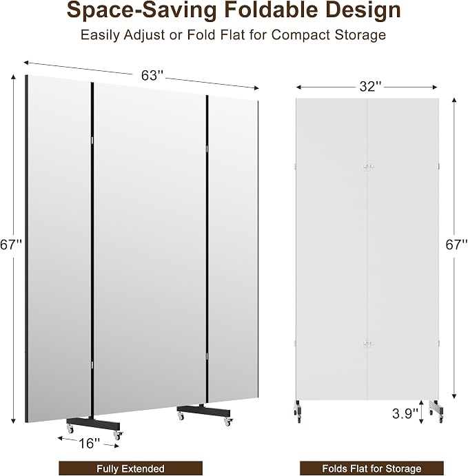 brisafe 63''×67'' Large Full Body Non-Glass Frameless Mirror on Wheels, NanoMirror 360° Swivel Shatterproof Unbreakable Foldable Fitness Mirror for Home Gym Yoga Dance Studio, Back | Tri-Fold Compact Storage, Nano Shatter-Resistant, Aerospace Aluminum,...