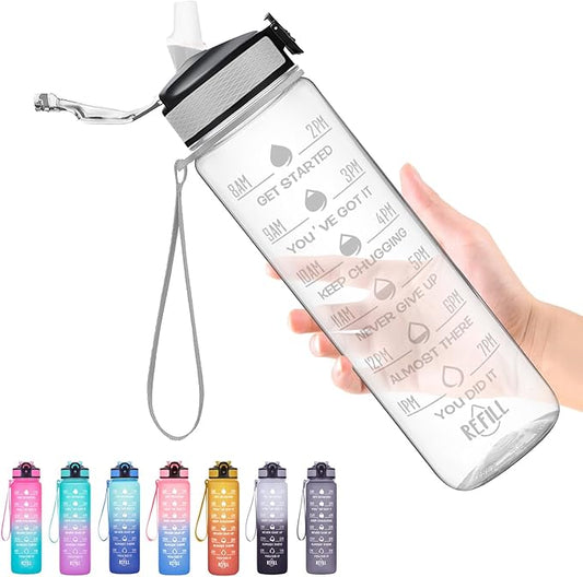Hyeta Water Bottle with Straw & Time Marker, Plastic 32oz Leakproof | Motivational Tritan BPA Free Gym Office Outdoor Intake Tracker Hourly Reminder Straw Lid Carry Strap