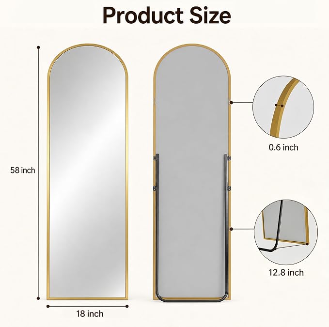 Antok Full Length Mirror, 58"x18" Floor Mirror with Stand, Hanging Mounted Mirrors for Bedroom, Living Room, Cloakroom, Dining Room, Gold, Arched