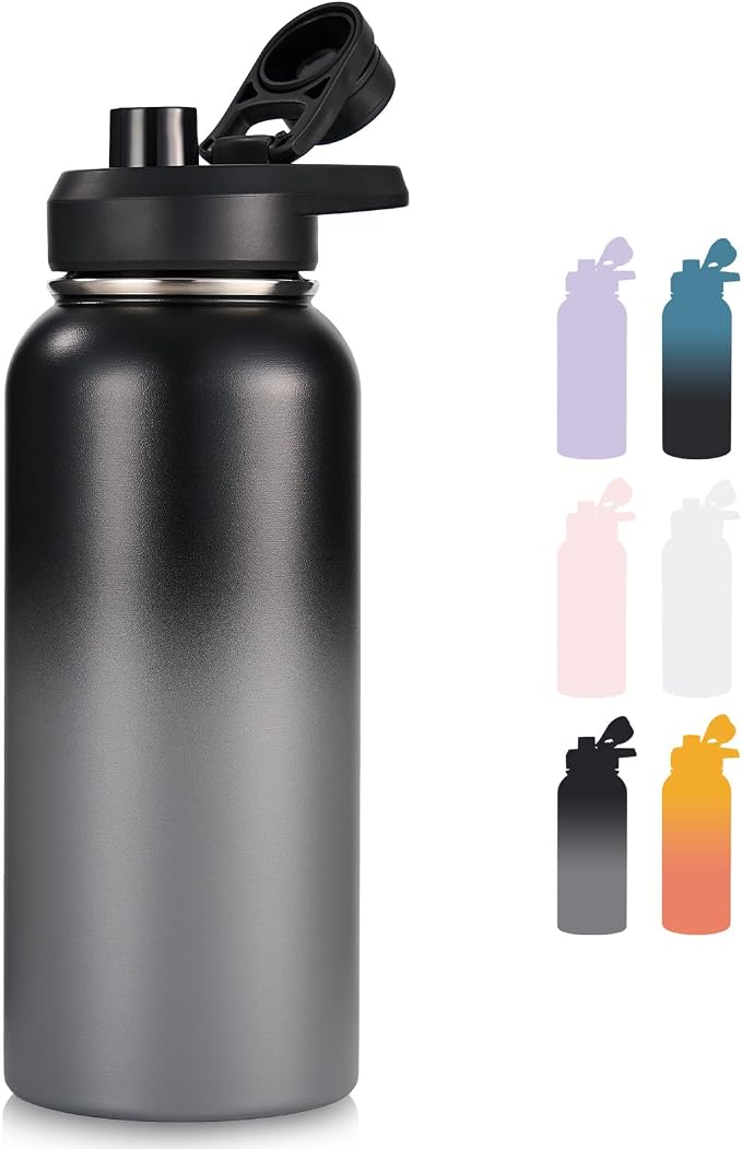 Fijinhom Insulated Water Bottle with Handle, 304 Stainless Steel Water Bottles with Wide Mouth, Double Wall Vacuum Sports Water Bottle, BPA Free, Keep Cold and Hot, 32 Ounces Black/Gray