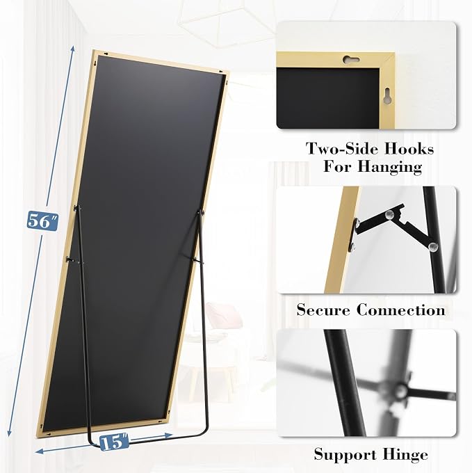NEWBULIG 56"x15" Full Length Mirror, Full Body Standing Mirror, Gold | Leaning or Standing, Tempered Glass, Aluminum Alloy Thin Frame Floor Stand for Bedroom, Cloakroom