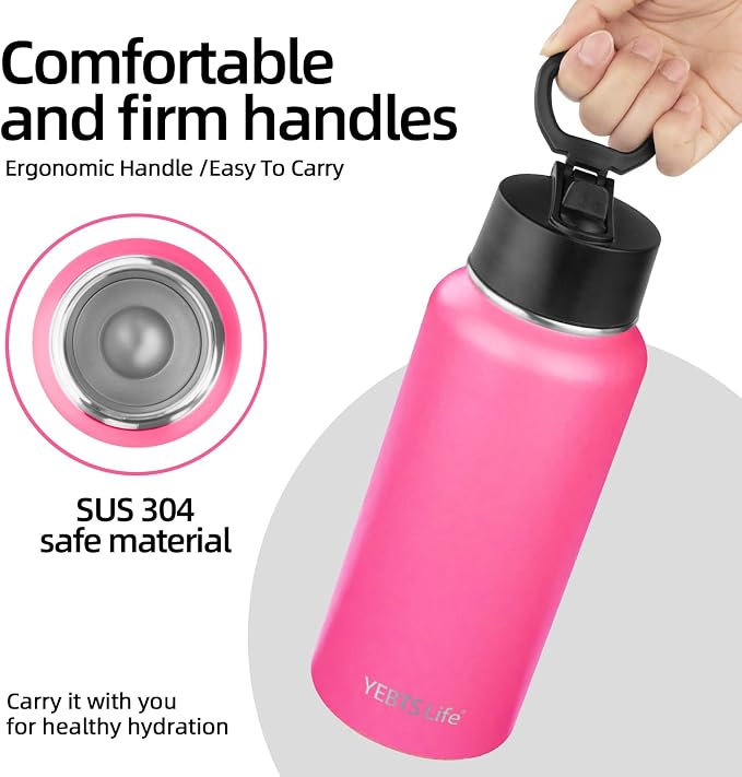 Insulated Water Bottle With Straw,32 oz Vacuum Insulated Stainless Steel Sports Water Flask,Keeps Cold and Hot,Metal Water Bottle Wide Mouth for Gym Travel Camping (Peach pink)