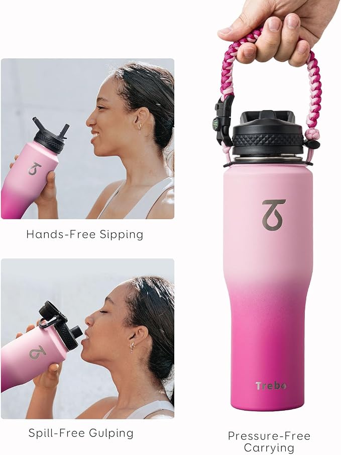Trebo 32 oz Water Bottle Insulated Fits in Any Car Cup Holder with 2 Lids | Stainless Steel T-shape Tumbler with Paracord Handle, Triple Wall Vacuum Copper Plated, Cold 48 Hrs for Travel, Leakproof