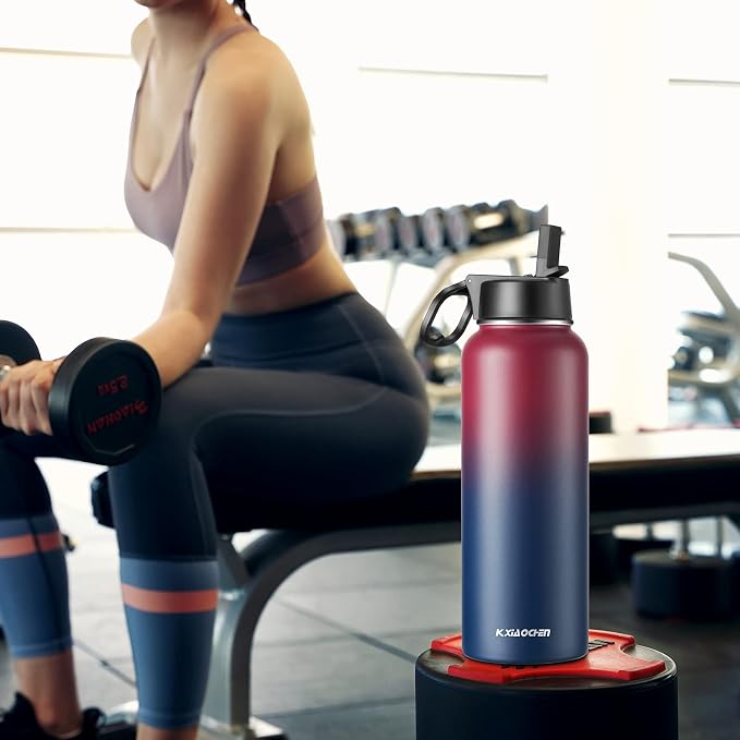 KXIAOCHEN Insulated Water Bottle with Strap, 48-Hour Cold, 2 Lids | Triple-wall insulation, lead-free 18/8 Stainless steel, paracord handle, carabiner clip, for gym, hiking, camping and travel