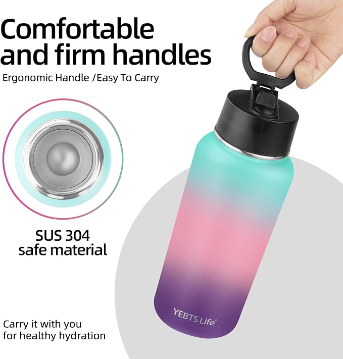 Insulated Water Bottle With Straw, 32 oz Vacuum Insulated Stainless Steel Sports Water Flask, Keeps Cold and Hot, Metal Water Bottle Wide Mouth for Gym Travel Camping (lucky Rainbow)