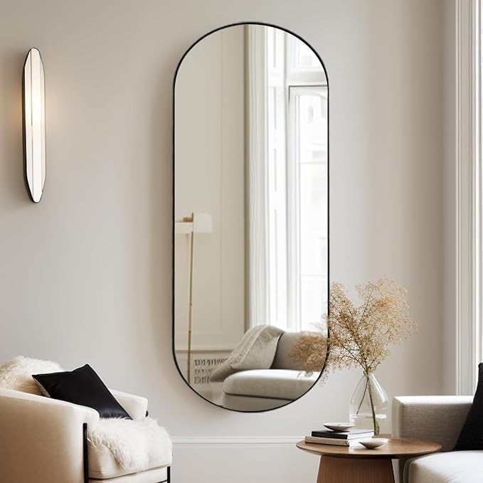 ZHUNFA Arched Full Length Floor Mirror, 65x 22 Oval Mirror with Metal Frame | Large Wall Mounted Arched-Top Body for Living Room, Bedroom, Bathroom, Entryway, Dressing Room, black