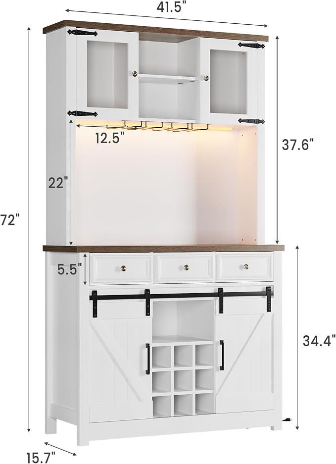 GarveeHome 72" Farmhouse Coffee Bar Cabinet with LED Lights & Power Outlets | Tall Kitchen Buffet Hutch with 3 Drawers & Wine Glass Rack, Sliding Barn Door, Ample Storage for Home Bar, White