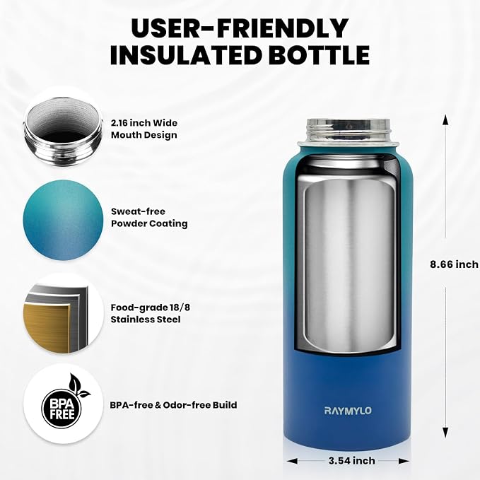 RAYMYLO Insulated Water Bottle 32 oz, Triple Wall Vacuum Stainless Steel (Cold for 24Hrs, Hot for 12Hrs), Leak Proof & Non-BPA, Modern Water Flask Jug with Paracord Handle & Straw Spout Lids | (Cold for 24Hrs, Hot for 12Hrs), Leak Proof & Non-BPA, Mode...