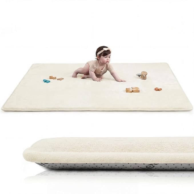 Baby Play Mat for Floor,Large 79"×118" Tummy Time Mat,Thicker Memory Foam Mats for Toddler,Infant,Kids,Water Repellent Ultra Soft Coral Velvet,Non-Slip Backing Safe for Crawling(Cream)