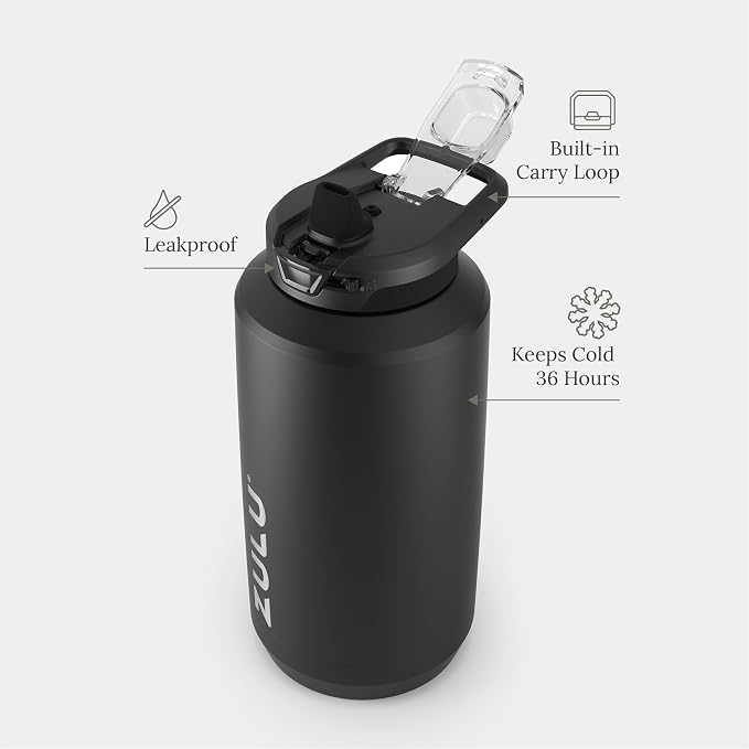 ZULU Goals Vacuum Insulated Large Capacity Stainless Steel Water Bottle | Reusable Jug Thermoses with Carry Handle | Leak-Proof Lid | Perfect for Travel, Workout, Gym, Hiking, Camping | 64oz, 101oz