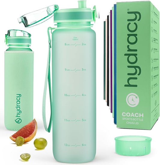 Hydracy Motivational Water Bottle with Time Marker & Fruit Infuser 32 oz | BPA-Free Tritan, Leakproof Flip-Top Lid,No-Sweat Sleeve,Carry Strap,Daily Intake Tracking for Gym,Sports,Outdoors