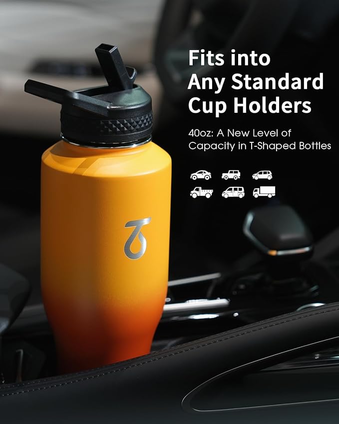 Trebo 40 oz Water Bottle Insulated Fit in Any Car Cup Holder with 2 Lids | Stainless Steel T-shape Tumbler with Paracord Handle, Triple Wall Vacuum Copper Plated, Cold 48 Hrs for Travel, Wide Mouth