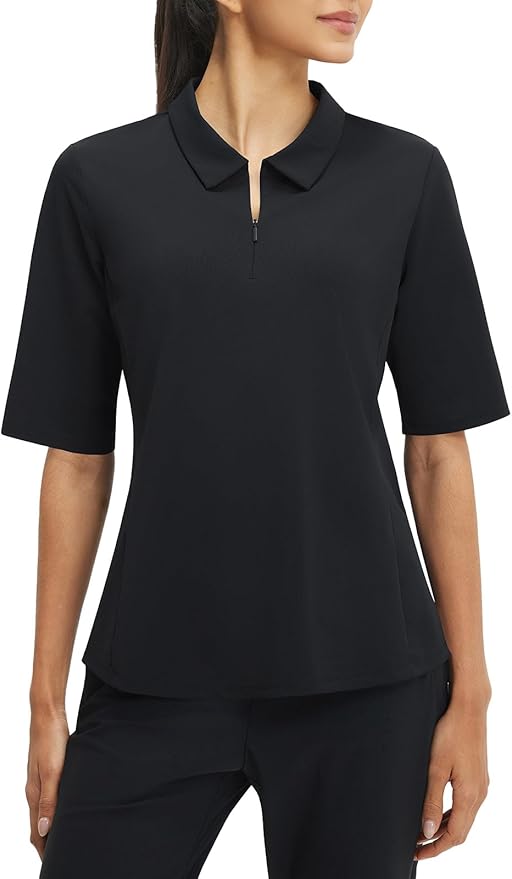 baleaf Womens Golf Shirts Half Sleeve Elbow Length Polo Tops | Stretch, Sun Protection UPF 50+, Quick Dry, Breathable, Moisture Wicking, Quarter Zip V Neck, Ideal for Golf Work Casual