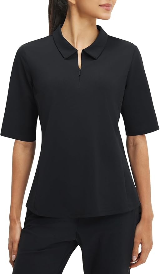 baleaf Womens Golf Shirts Half Sleeve Elbow Length Polo Tops | Stretch, Sun Protection UPF 50+, Quick Dry, Breathable, Moisture Wicking, Quarter Zip V Neck, Ideal for Golf Work Casual