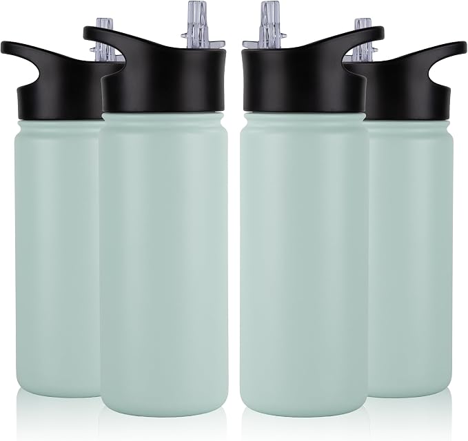 16 oz Insulated Water Bottle Bulk 4 Pack, Straw & Spout Lid, Keep Cold 24H, Spill Proof, BPA-Free, Double Wall, Stainless Steel Kids Water Bottles for School, Sports, Turquoise Blue