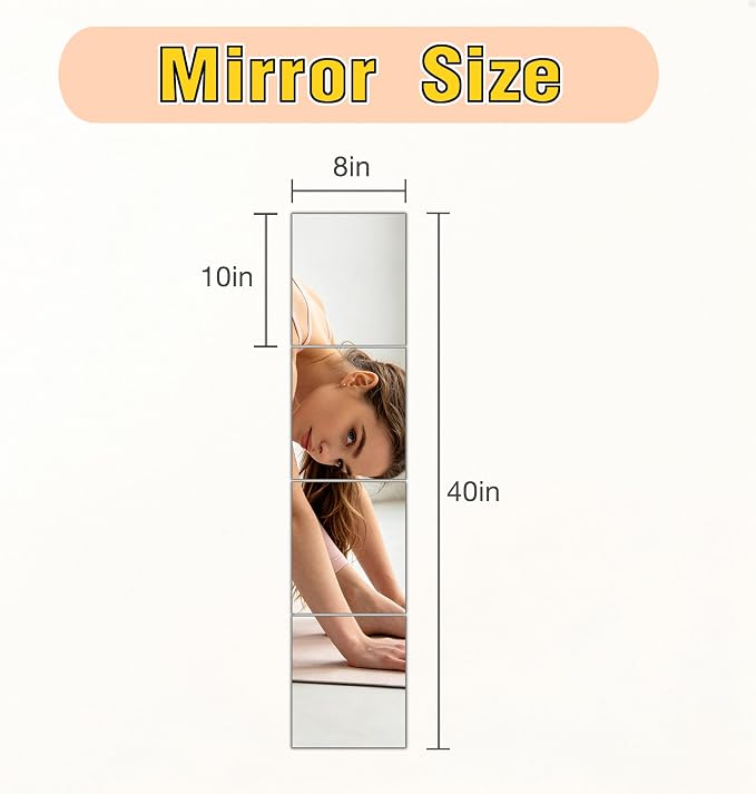 4-piece Glass Full Length Wall Mirror Tiles, 8 × 10 inch self-Adhesive Frameless Small Mirror Brick, Suitable for Home Gyms, bedrooms, Doors, and Bathroom Glass Mirrors (4Pcs 8 * 10)