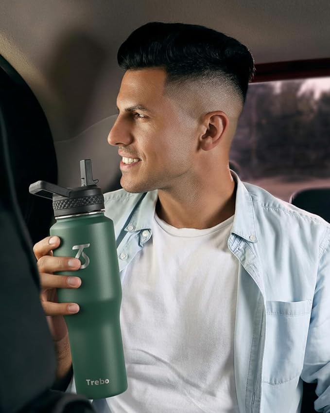 Trebo 40 oz Water Bottle Insulated Fit in Any Car Cup Holder with 2 Lids | Stainless Steel T-shape Tumbler with Paracord Handle, Triple Wall Vacuum Copper Plated, Cold 48 Hrs for Travel, Wide Mouth