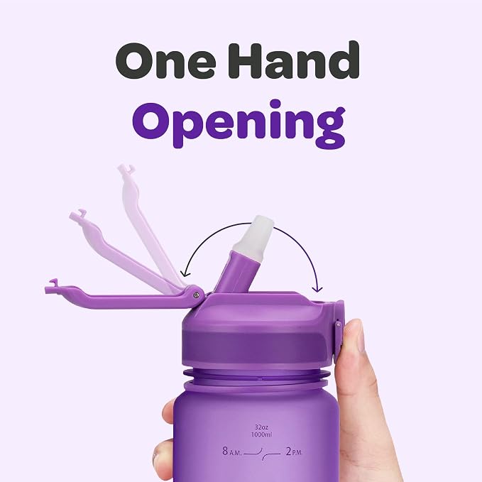 Hydracy Motivational Water Bottle with Time Marker and Straw Lid 32 oz | Leakproof,BPA Free,No Sweat Neoprene Sleeve,Carry Strap,Daily Intake Tracking for Fitness & Outdoors