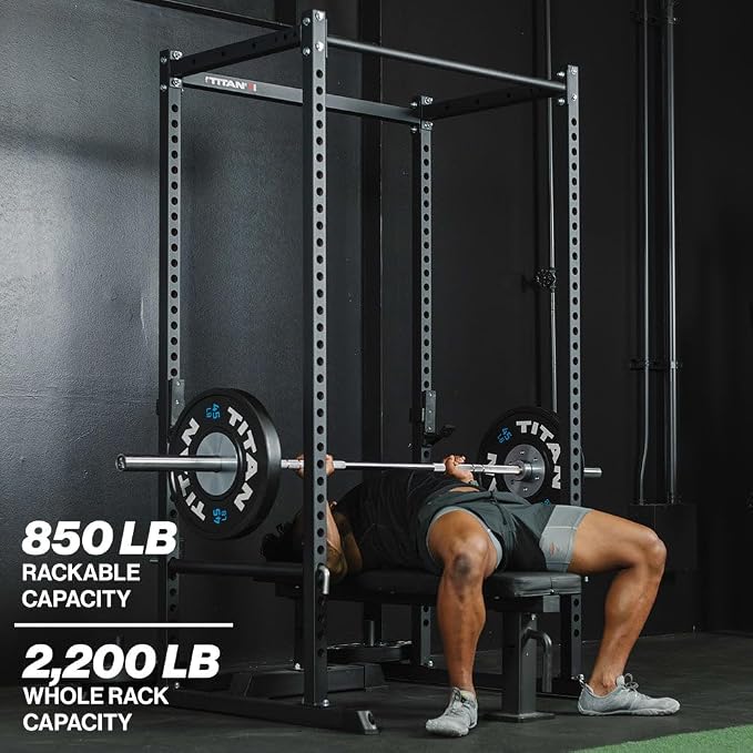 Titan Fitness T-2 Series Short Power Rack, Skinny Pull Up Bar, Pin and Pipe Safeties, Standard J-Hooks, for Home Garage Gym Weightlifting and Strength Training