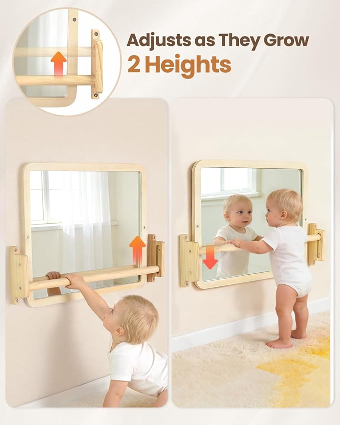 Montessori Mirror with Bar – Adjustable Baby Pull Up Bar, Anti-Rotation Design & Acrylic Safety Baby Mirror for Wall – Tummy Time, Pull to Stand Toys for Infant Toddler Nursery