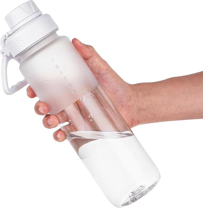 OLDLEY 32oz Water Bottle with Handle, BPA-Free Tritan Reusable Sports Water Bottle with Leak-Proof Dust Lid, Wide Mouth, Cup Holder Friendly, Half Frosted Clear Bottle for Gym,Travel, Work,Pure White