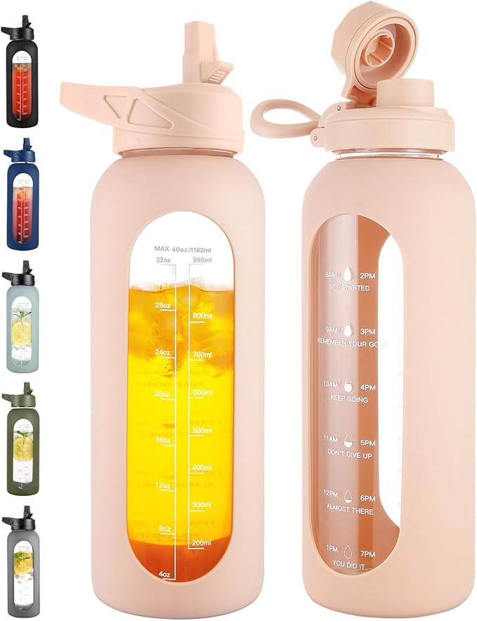 CIVAGO 40 oz Glass Water Bottle with Straw, Large Motivational Water Jug | Time Marker, 2 Leakproof Lids, Wide Mouth, Water Flask Cup with Handle and Silicone Sleeve, for Gym, Sports, Juices, Beige