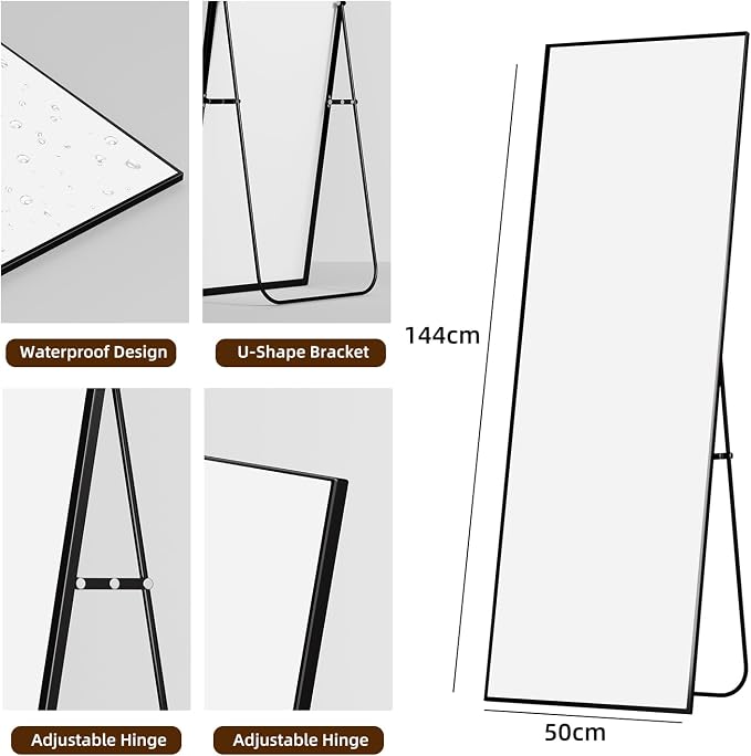 Full Length Mirror with Stand,Full Body Mirror for Living Room and Dressing Room,57"x20" Aluminum Alloy Frame,Hanging or Leaning for Wall,Rectangular, Black
