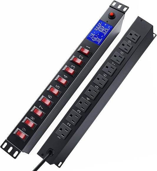 9 Outlet Rack Mount Power Strip with Individual Switches, PDU Surge Protector 15A 125V 1875W, 1U Server Rack Power Distribution Unit with Overload Protection and Power Monitoring, 6.5FT Cord