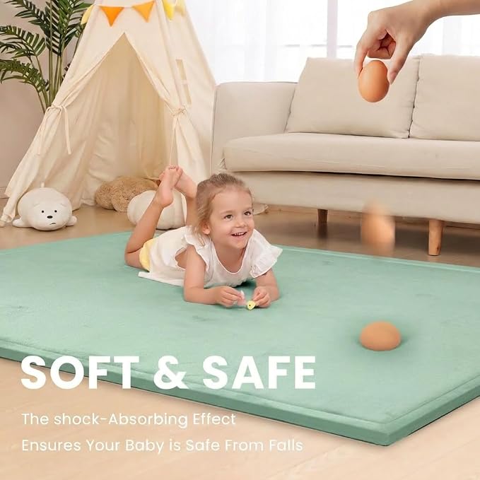 Huloo Sleep Ultra Soft Baby Play Mat for Floor,1.3" Thick Elasti-Foam 47x47 Play Mat for Playpen,Water-Repellent Coral Velvet for Tummy Time, Non-Slip Backing Safe for Toddlers & Infants(Sage Green)