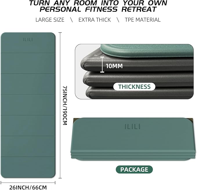 ILILI Foldable Yoga Mat 10mm, Extra Thick, Extra Long, 75x26x0.4 Inch, TPE | Non-Slip Grip, Easy Carry&Storage, Comfort Cushion, SGS Safe, Suitable for Yoga, Pilates, Home Exercise&Outdoor Travel