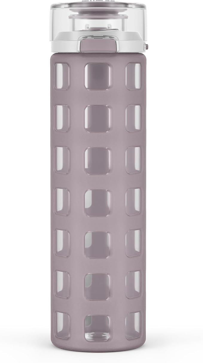 Ello Syndicate 20oz Glass Water Bottle with Flip Lid and Sleeve, Mauvewood | Glass water bottle for iced drinks with leakproof flip lid, silicone sleeve, carry loop, BPA-free, and dishwasher safe