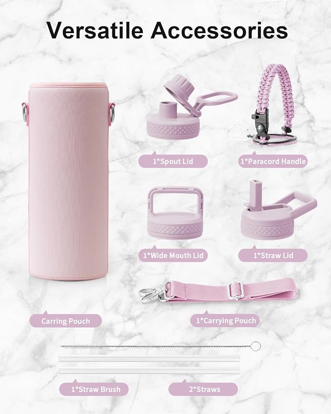 Trebo Water Bottle Insulated 40 oz with 3 Lids, Paracord Handle & Sleeve | Stainless Steel Flask Vacuum, Triple Wall Copper Plated, Dishwasher Safe, Keeps Cold 48Hrs for Hiking, Gym, Wide Mouth