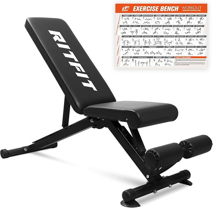 RitFit Adjustable/Foldable Utility Weight Bench for Home Gym | Incline Decline Flat, Multi-Position Backrest & Seat, Full Body Strength Training with Heavy Duty Steel Frame, Foldable
