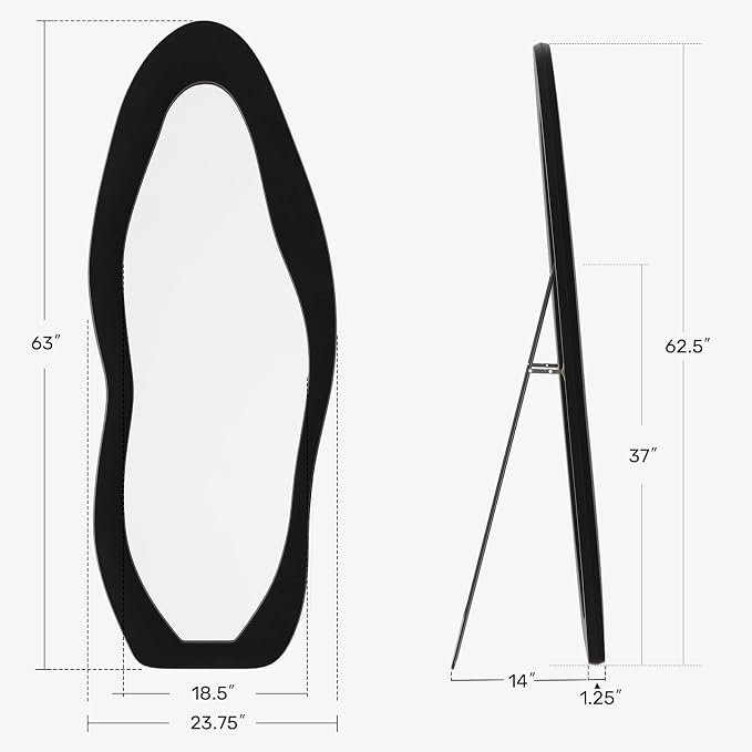 Full Length Mirror, 63"x24" Wavy Full Body Mirror Flannel | Flannel Floor Mirrors with Stand, Irregular Wavy Mirror Hanging or Leaning Against Wall for Bedroom Living Room, Black