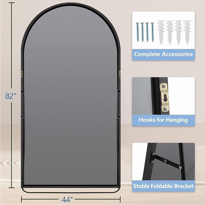 MirrMuse Oversized Arched Full Length Mirror with Stand, 82"X44", Black | Tempered Glass, Free Standing, for Bedroom Living Room Clothing Store Gym, Aluminum Alloy Frame, Hanging or Leaning