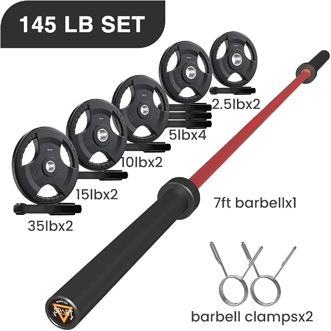 7FT Olympic Barbell Bar with Weight Plate Set Combo, Solid Olympic Bar with Bearings, 700Lbs Capacity Weight Bar for Home Gym Strength Training, Weightlifting, Powerlifting, Fit for 2" Olympic Plates