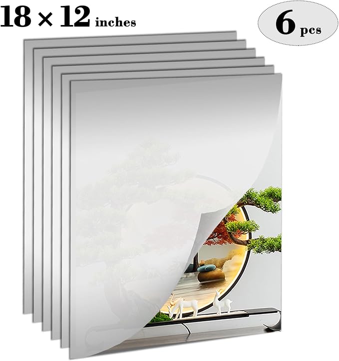 6PCS Wall Mirror Tiles, Upgrade Shatterproof Self-Adhesive Full Length Mirror for Bedroom, Bathroom, Home Gym - Frameless Acrylic Tiles for Home Decor 17.8'' x 12''