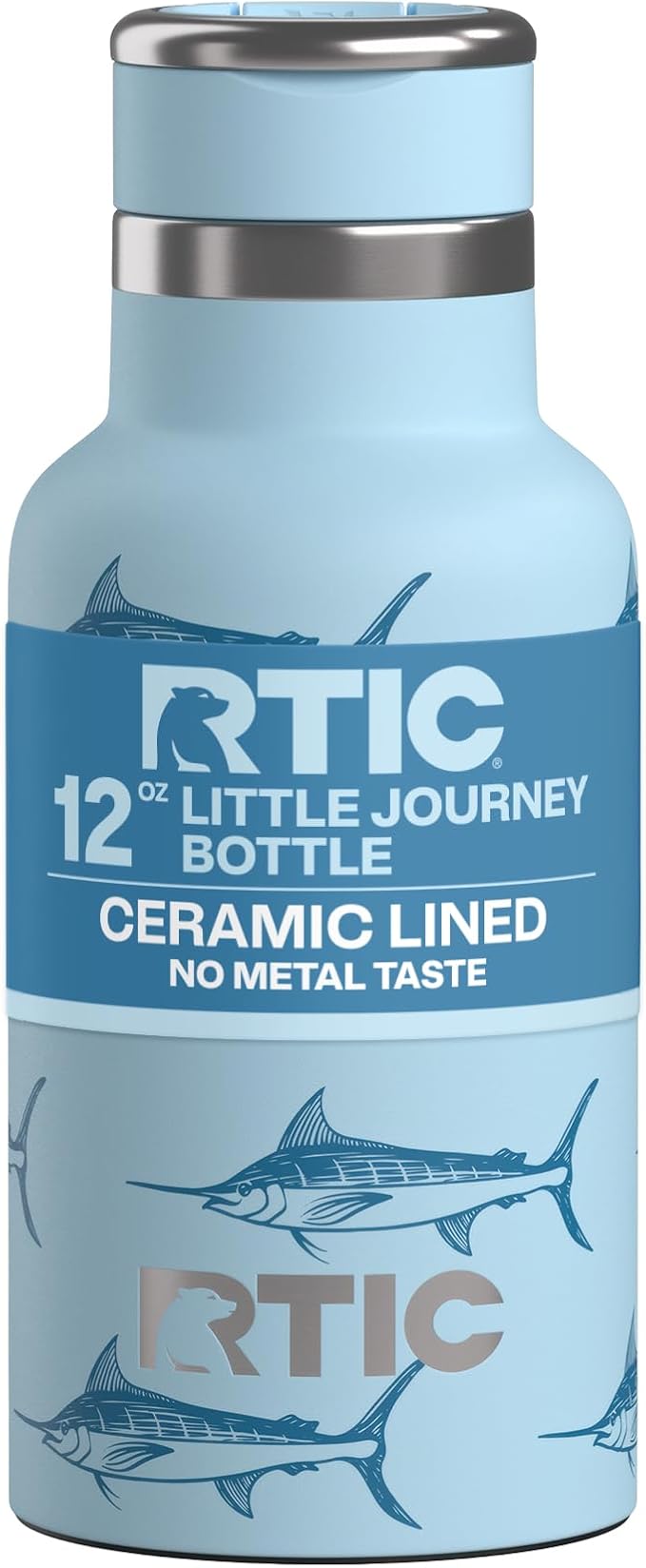 RTIC Little Journey Water Bottle with Straw, Ceramic-Lined, Insulated, Stainless Steel, Metal, Double Wall Vacuum-Insulation, Leak-Proof Lid, BPA-Free Water Flask for Sports, Travel, Blue Marlin