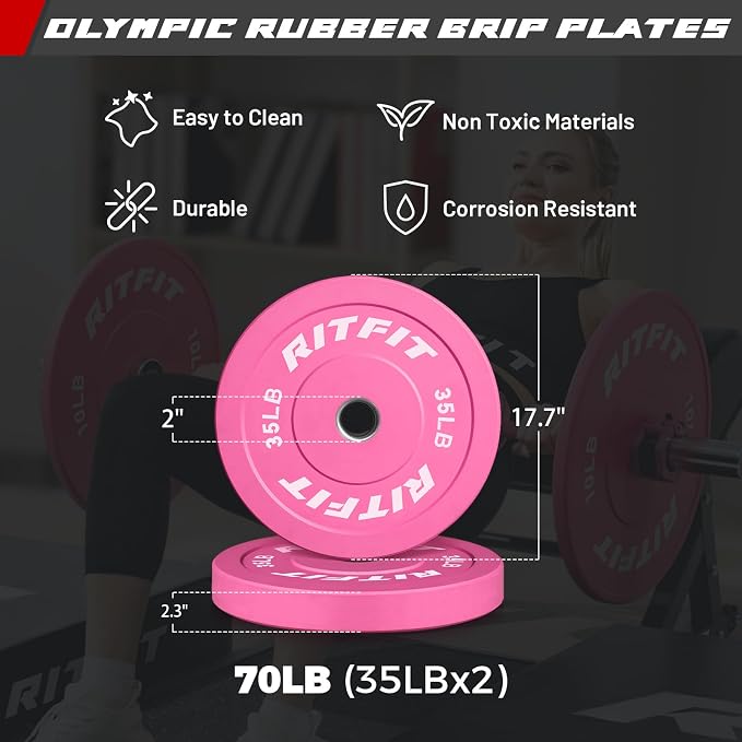 RITFIT Pink Olympic Bumper Plates with Steel Insert for Home Gym | High-Density Rubber with Low Bounce, 2-Inch Olympic Bore with Steel Insert, Pink Color for Strength Training