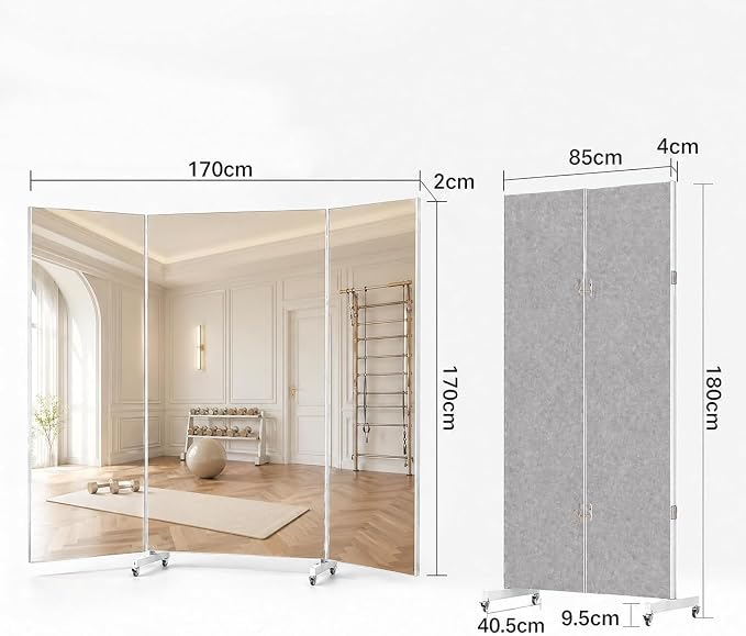 71”x67” Full Length 3-Way Glassless Rolling Mirror，Foldable Floor Standing | Trifold Nano Mirror with Wheels，Ultra-Light Mirror for Home Gym,Dance Studio & Workout Room, Space Saving, White
