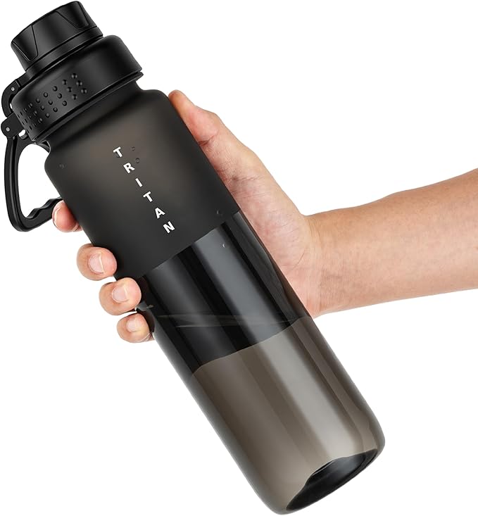 OLDLEY 32 oz Water Bottle with Handle, BPA-Free Tritan Reusable Sports Water Bottle with Leak-Proof Dust Lid, Wide Mouth, Cup Holder Friendly, Half Frosted Clear Bottle for Gym, Travel, Work,Black