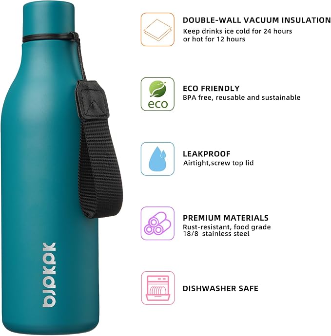BJPKPK 25oz Insulated Water Bottle, Stainless Steel Bottle with Carry Strap | Keep Cold & Hot Vacuum Insulation, Leak-Proof BPA-Free Design, Slim Bottle Fits Most Cup Holders for Gym, Office & Travel