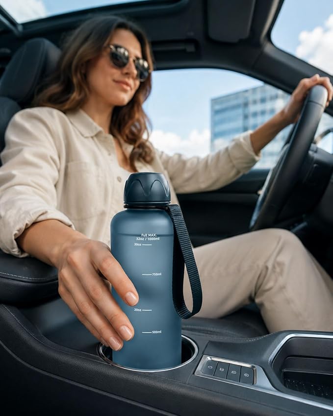 Slim Water Bottle 32 OZ with Stainless Steel Lid, Dishwasher Safe 1 Liter Plastic Water Bottle BPA-Free, Leakproof Lightweight with Time Marker, Reusable for Running School Sport Gym Travel Hiking
