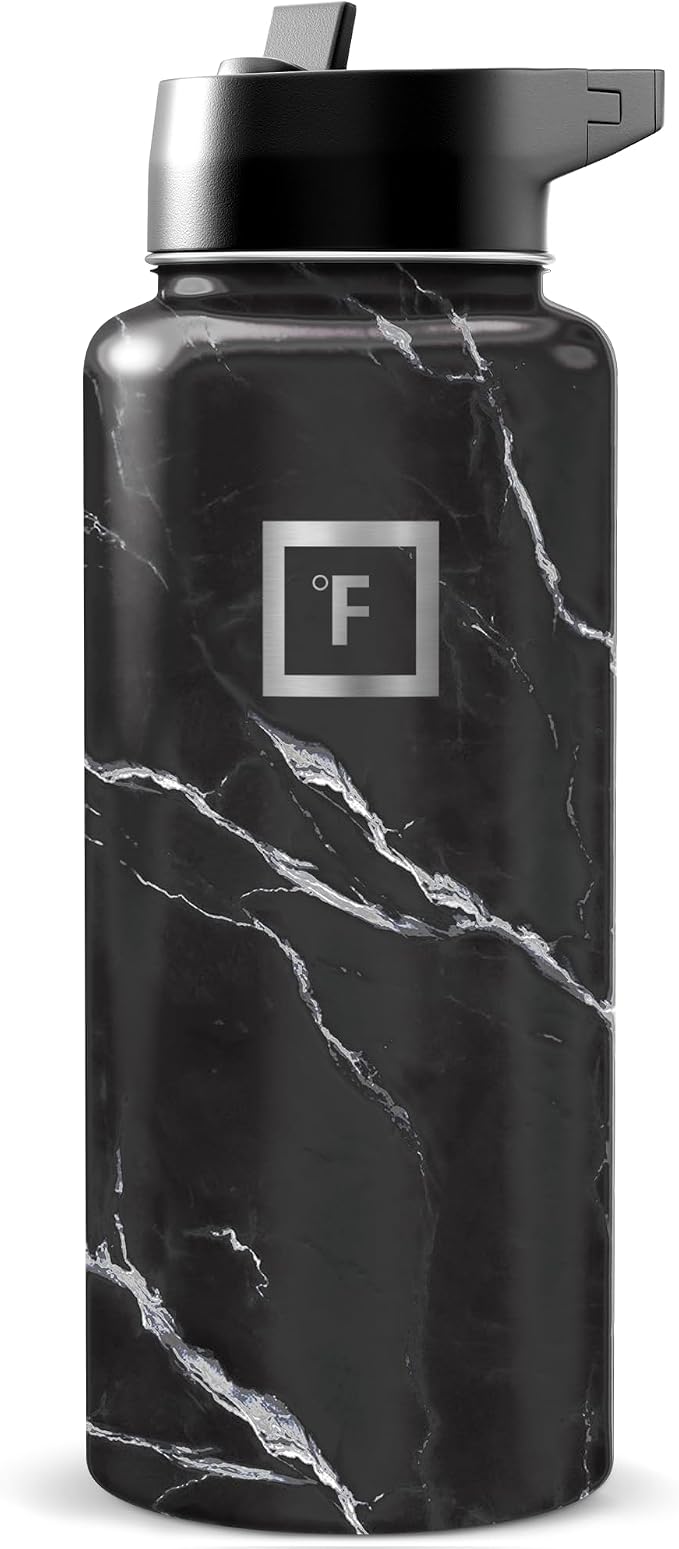 IRON °FLASK 32 oz Wide Mouth Water Bottle with Straw | Insulated Stainless Steel Sports Water Bottle with Leakproof Straw Lid - BPA Free, Cold 24 Hrs, Sweat Free (Black Marquina)